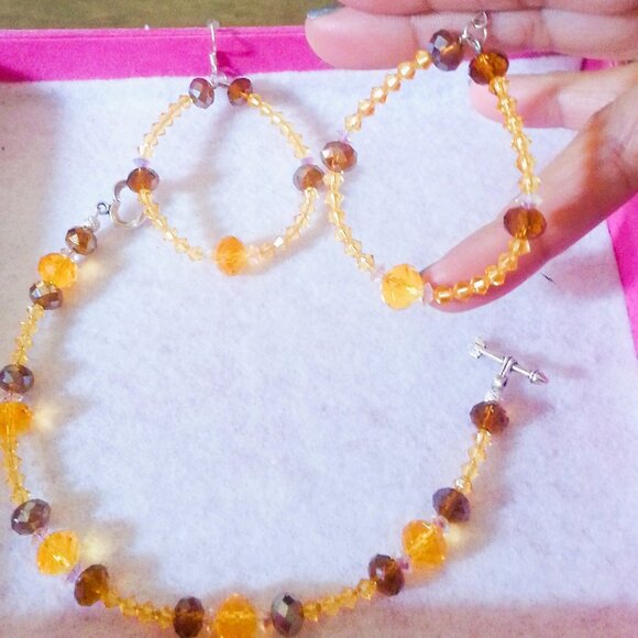 Swarovski Crystal Hand-Made Chocolate Orange Yellow Earring Bracelet set - Picture 7 of 11